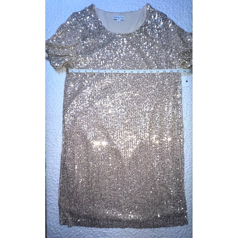 New! Ophelia Roe Gold Sequin Holiday Cocktail Dress Women SMALL Short Sleeve